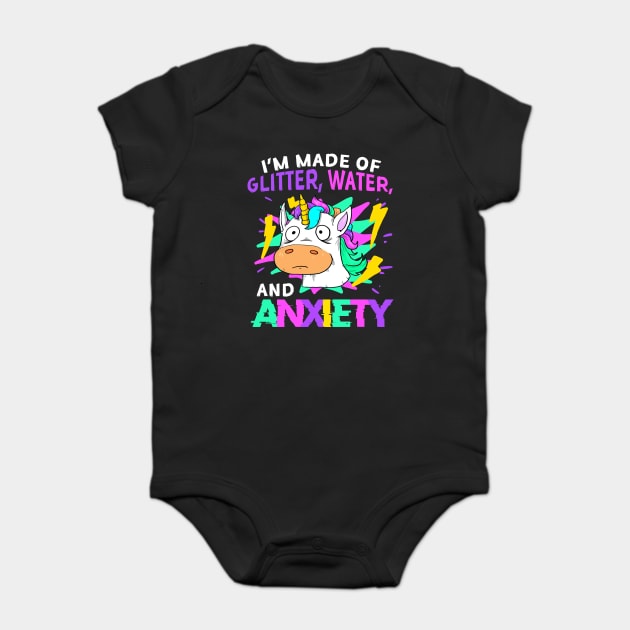 Funny Unicorn I’m Made of Glitter, Water, and Anxiety Retro 80’s Glitched Baby Bodysuit by creative